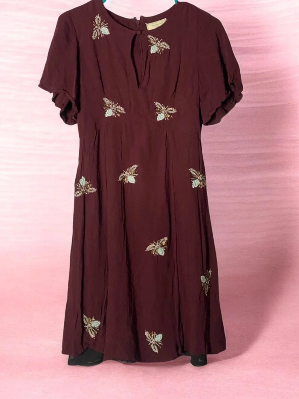 Moulinette Soeurs Anthropologie Embroidered Bee Silk Blend Dress Burgundy Size 2